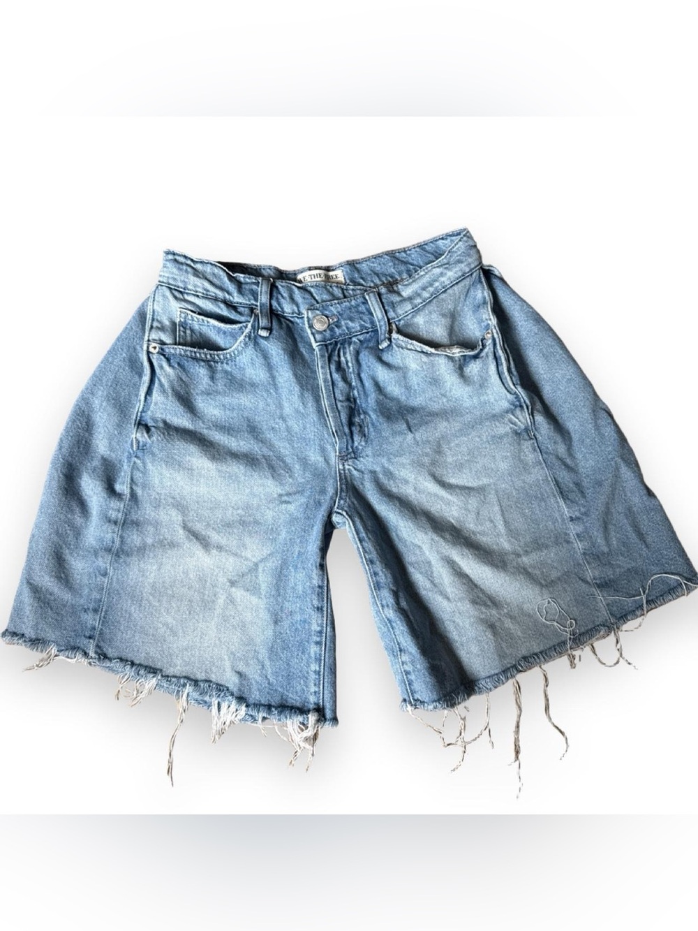 Free People We The Free Boomerang High Rise Long Denim Shorts 26 Raw Hem